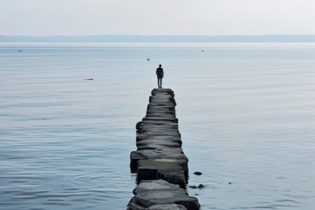 Wide shot capturing the serene silhouette of a lonely person on a sea pier.の素材