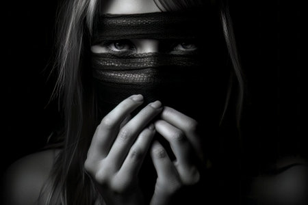 Powerful image of a gagged woman, representing the grim reality of censorship and silenced voicesの素材