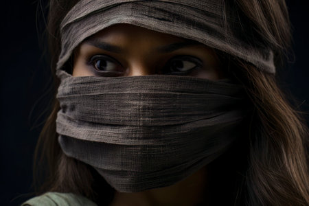 Powerful image of a gagged woman, representing the grim reality of censorship and silenced voicesの素材