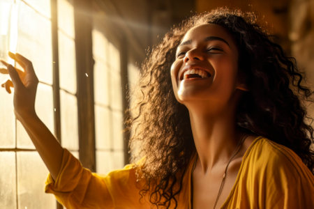 A captivating photo of a cheerful girl at home, standing near the window, basking in the warm sunset lightの素材