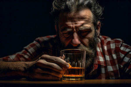 Compelling photo capturing a distressed alcoholic man with a glass in hand, sitting at a table, displaying a distraught expression as a symbol of alcoholismの素材