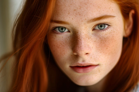 Captivating close-up portrait of a redhead girl with freckles, showcasing her unique beauty.の素材