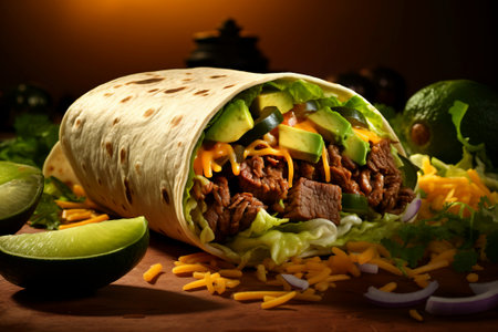 A flavorful beef burrito wrapped neatly, showcasing the rich Mexican culinary tradition.の素材