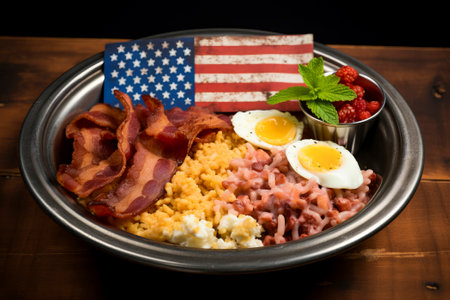 A delicious spread of classic American breakfast dishes, featuring eggs, bacon and other various foods.の素材