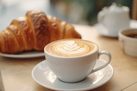 A classic morning composition of a flaky croissant paired with a rich cappuccino, symbolizing sweet breakfast.の素材