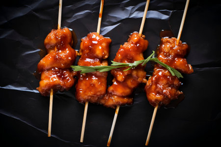 Deliciously grilled chicken skewers, epitomizing the essence of tasty culinary pleasures.の素材