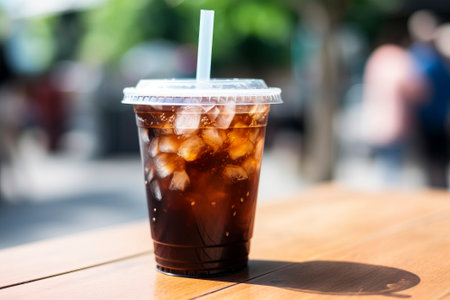 A plastic glass filled with cola and ice cubes, representing the classic fast food beverage.の素材
