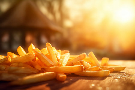 A savory composition of rustic-style golden french fries, perfectly crispy and tempting.の素材