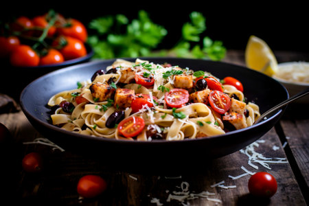 Tantalizing plate of fettuccine with prawns and tomatoes, epitomizing high-class Mediterranean Italian cuisine.の素材
