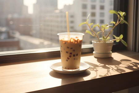 Chilled and frothy coffee frappÃ© served in a tall glass, perfect for refreshment.の素材