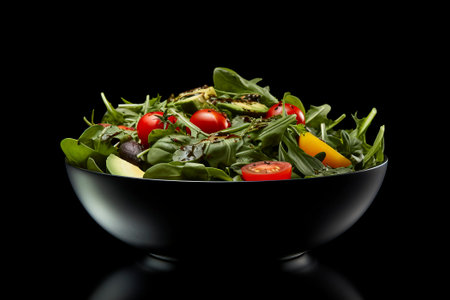Lush mixed organic salad on a plate, representing natural and healthy nourishment against a black background.の素材