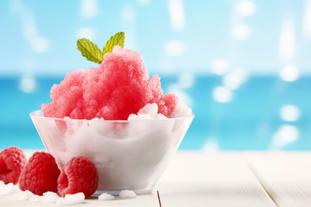A cool slush captured with a vibrant summer backdrop, epitomizing seasonal refreshment.の素材
