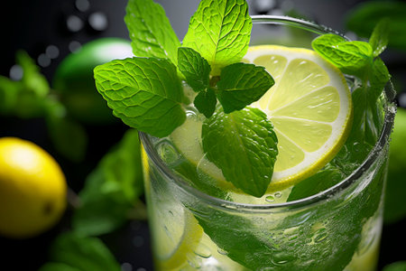 Close-up shot of a freshly prepared mojito, capturing the essence of refreshment.の素材