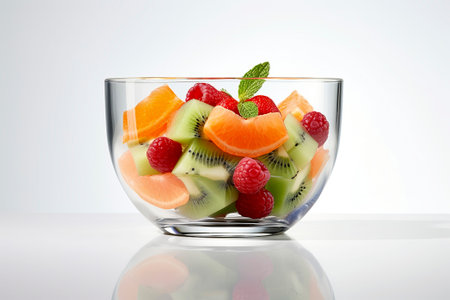 Artful fruit salad composition symbolizing wholesome, natural, organic nutrition on a white backdrop.の素材