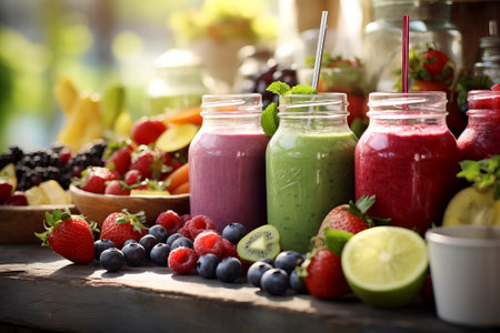 A composition of fresh, organic fruit smoothies symbolizing health, natural ingredients, and detoxの素材