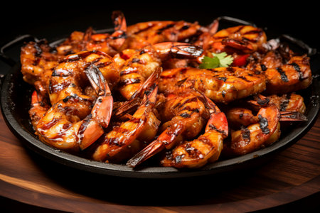 Freshly grilled shrimp beautifully arranged on a plate, showcasing its succulent texture and taste.の素材