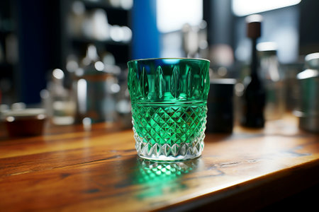Close-up of a cocktail glass elegantly positioned on a polished bar counter.の素材
