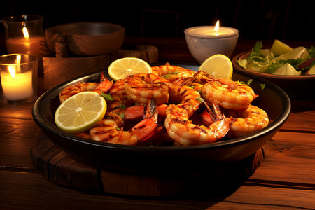 Freshly grilled shrimp beautifully arranged on a plate, showcasing its succulent texture and taste.の素材