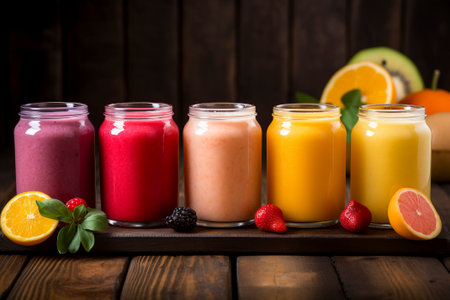A composition of fresh, organic fruit smoothies symbolizing health, natural ingredients, and detoxの素材