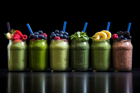 A composition of fresh, organic fruit smoothies symbolizing health, natural ingredients, and detoxの素材