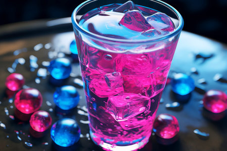 Close-up of a cocktail glass elegantly positioned on a polished bar counter.の素材
