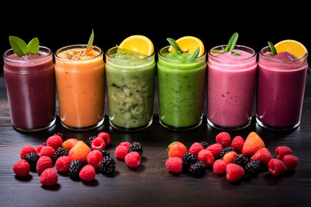 A composition of fresh, organic fruit smoothies symbolizing health, natural ingredients, and detoxの素材
