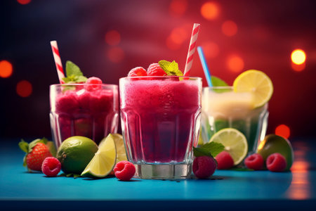 A composition of fresh, organic fruit smoothies symbolizing health, natural ingredients, and detoxの素材