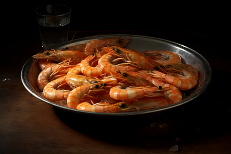Freshly grilled shrimp beautifully arranged on a plate, showcasing its succulent texture and taste.の素材