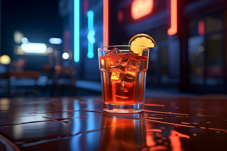 Close-up of a cocktail glass elegantly positioned on a polished bar counter.の素材