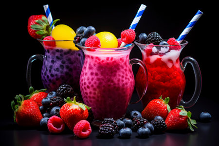 A composition of fresh, organic fruit smoothies symbolizing health, natural ingredients, and detoxの素材