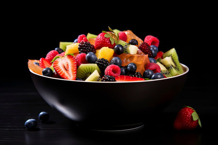 Fresh fruit salad showing symbols of healthy, natural, organic, and detoxifying food.の素材