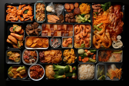 A neatly packed box containing delicious Asian cuisine, ready for delivery.の素材