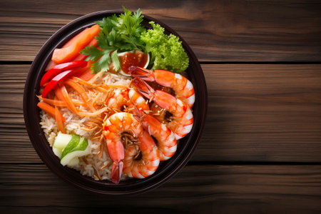 Overhead shot of a packed Asian cuisine box, perfectly arranged for delivery.の素材