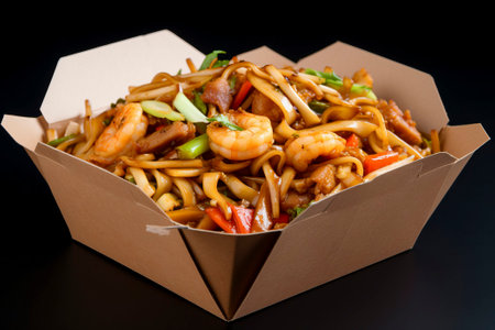 A neatly packed box containing delicious Asian cuisine, ready for delivery.の素材