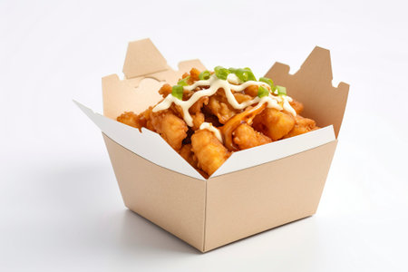 An Asian cuisine delivery box, precisely isolated on a clean white background.の素材