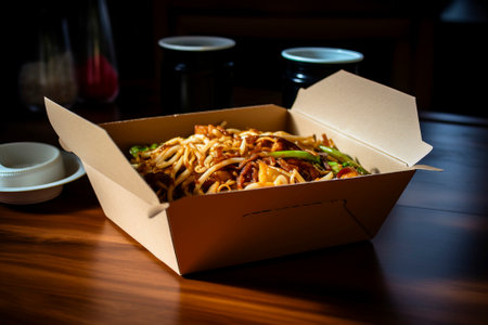 A neatly packed box containing delicious Asian cuisine, ready for delivery.の素材