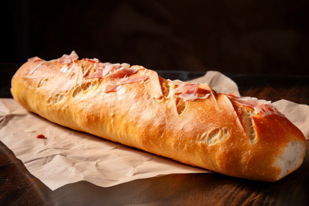 Delicious food composition featuring a rustic baguette filled with ham and cheese on a wooden background.の素材