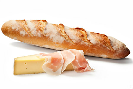 Delicious food composition featuring a rustic baguette filled with ham and cheese on a wooden background.の素材
