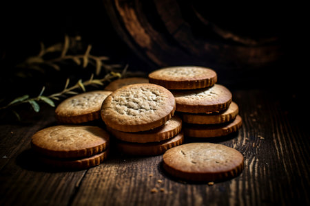 A cozy scene with delicious homemade biscuits displayed on a rustic background, evoking warmth and comfort.の素材