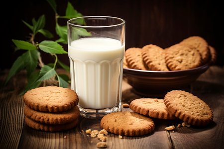 A satisfying morning scene featuring fresh biscuits and a glass of milk, perfect for a comforting start to the day.の素材