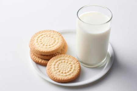 An inviting morning scene featuring biscuits and a glass of milk on a clean white background, perfect for breakfast concepts.の素材