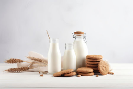 An inviting morning scene featuring biscuits and a glass of milk on a clean white background, perfect for breakfast concepts.の素材
