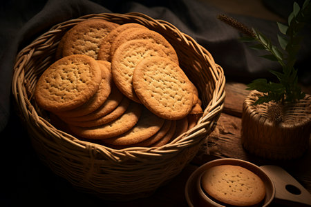 A cozy scene with delicious homemade biscuits displayed on a rustic background, evoking warmth and comfort.の素材