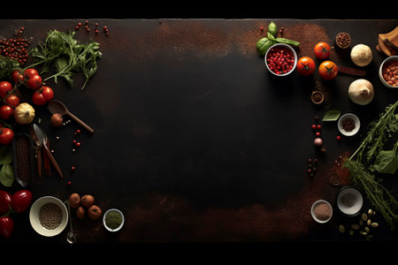 Top view of a stylish black table adorned with a variety of fresh food ingredients. Ample copy space.の素材