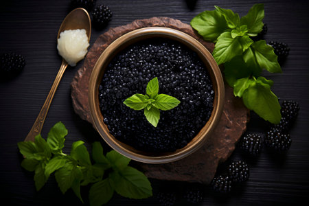 Luxurious caviar food composition for gourmet dining and culinary concepts. Top view presentationの素材