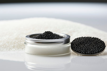 An exquisite caviar food composition on a clean white background, perfect for gourmet menus and culinary conceptsの素材