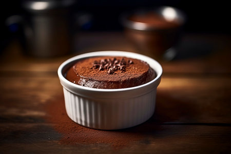 Indulge in the rich flavors of chocolate pudding set against a rustic backdropの素材