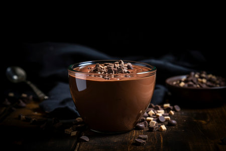 Indulge in the rich flavors of chocolate pudding set against a rustic backdrop.の素材
