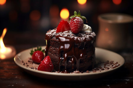 Indulge in the irresistible allure of a decadent chocolate souffle set against a rustic backdropの素材