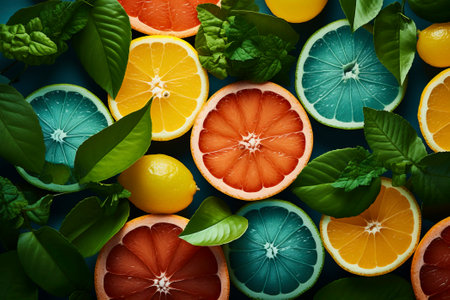 Top view of vibrant and juicy citrus fruit slices creating a refreshing and textured composition.の素材